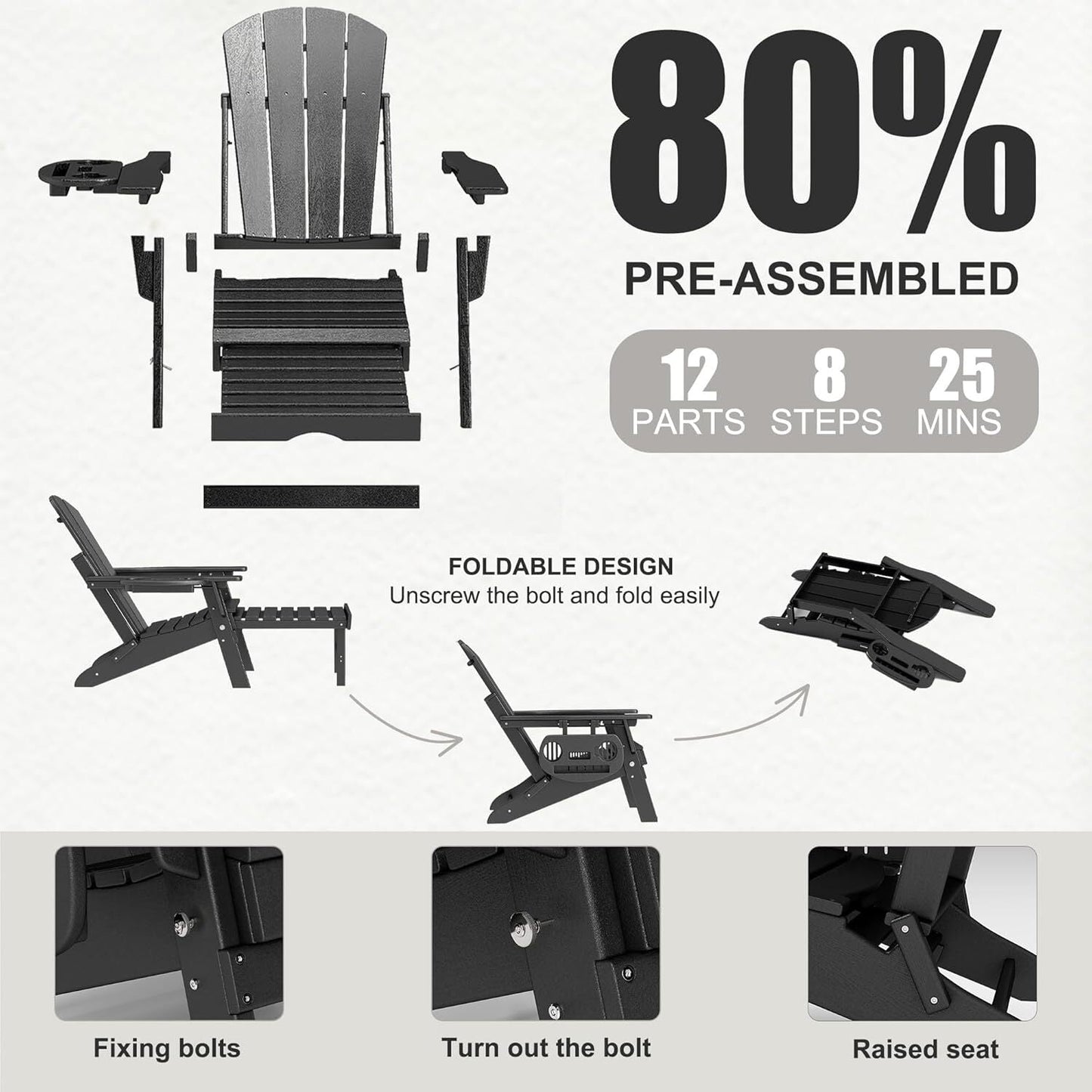 Chaise Adirondack réglable avec repose-pieds rétractable