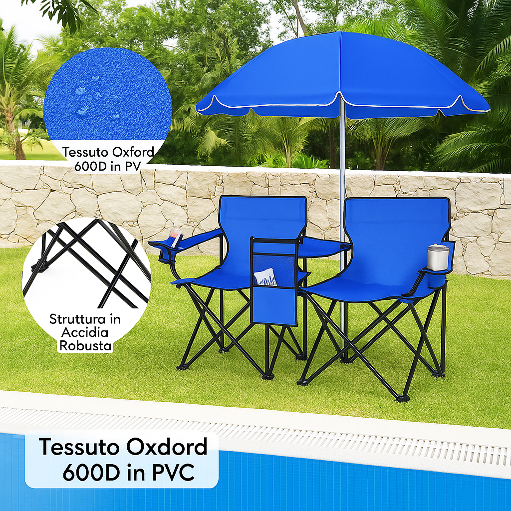 Chaise de camping double Goplus avec parasol et petite table 🪑