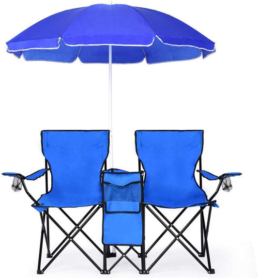 Chaise de camping double Goplus avec parasol et petite table 🪑