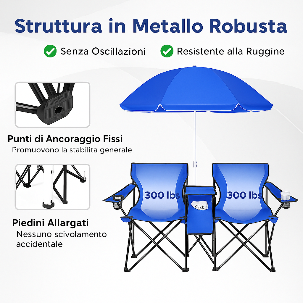 Chaise de camping double Goplus avec parasol et petite table 🪑